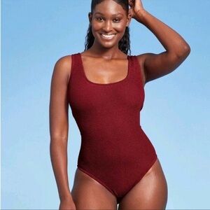 Kona Sol | Textured ribbed burgundy one piece swimsuit